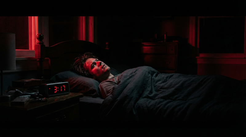 Person lying awake in the dark with a busy mind — CBD for racing thoughts at night