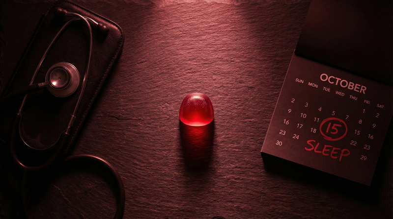 Single CBD gummy on a nightstand beside a calendar — is CBD safe to take every night for sleep