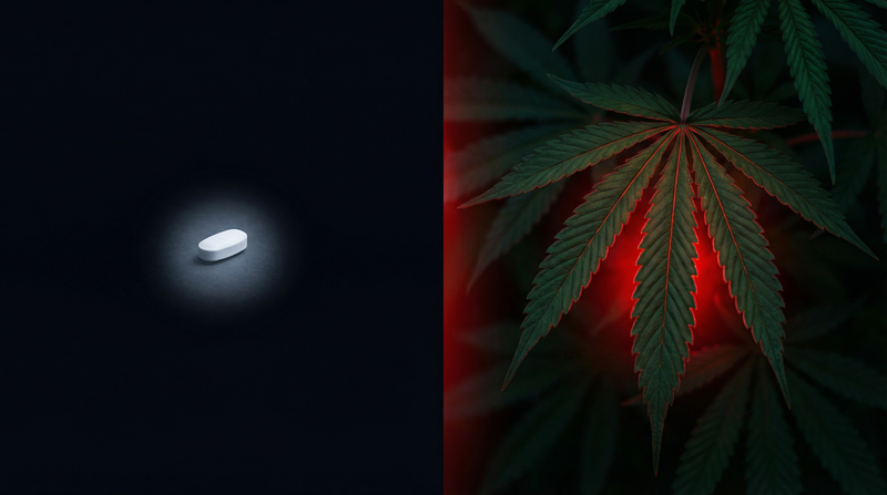 CBD gummies and a melatonin bottle facing off on a dark nightstand — CBD vs melatonin for sleep