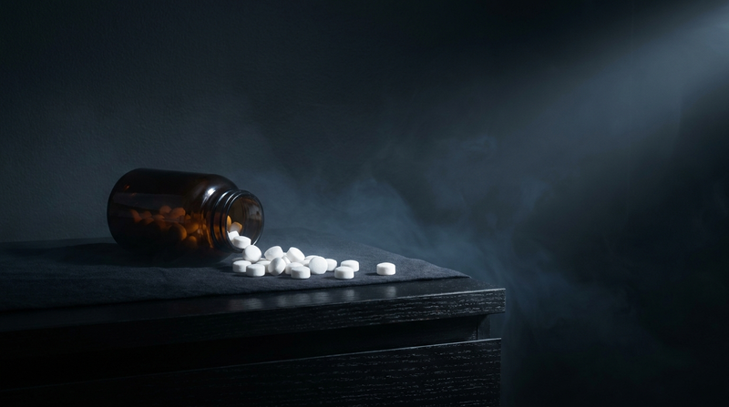 Spilled bottle of melatonin gummies on a dark nightstand — melatonin side effects