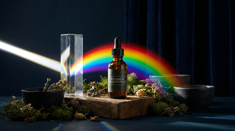 Hemp extract bottle with light splitting into a full spectrum through a prism — the entourage effect