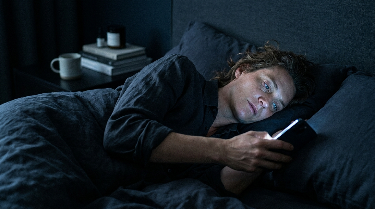 Person doom scrolling on a phone in bed at night — doom scrolling and sleep