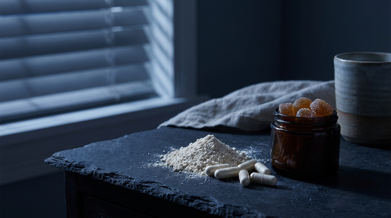 Magnesium powder and capsules facing off against CBD gummies on a dark nightstand — magnesium vs CBD for sleep
