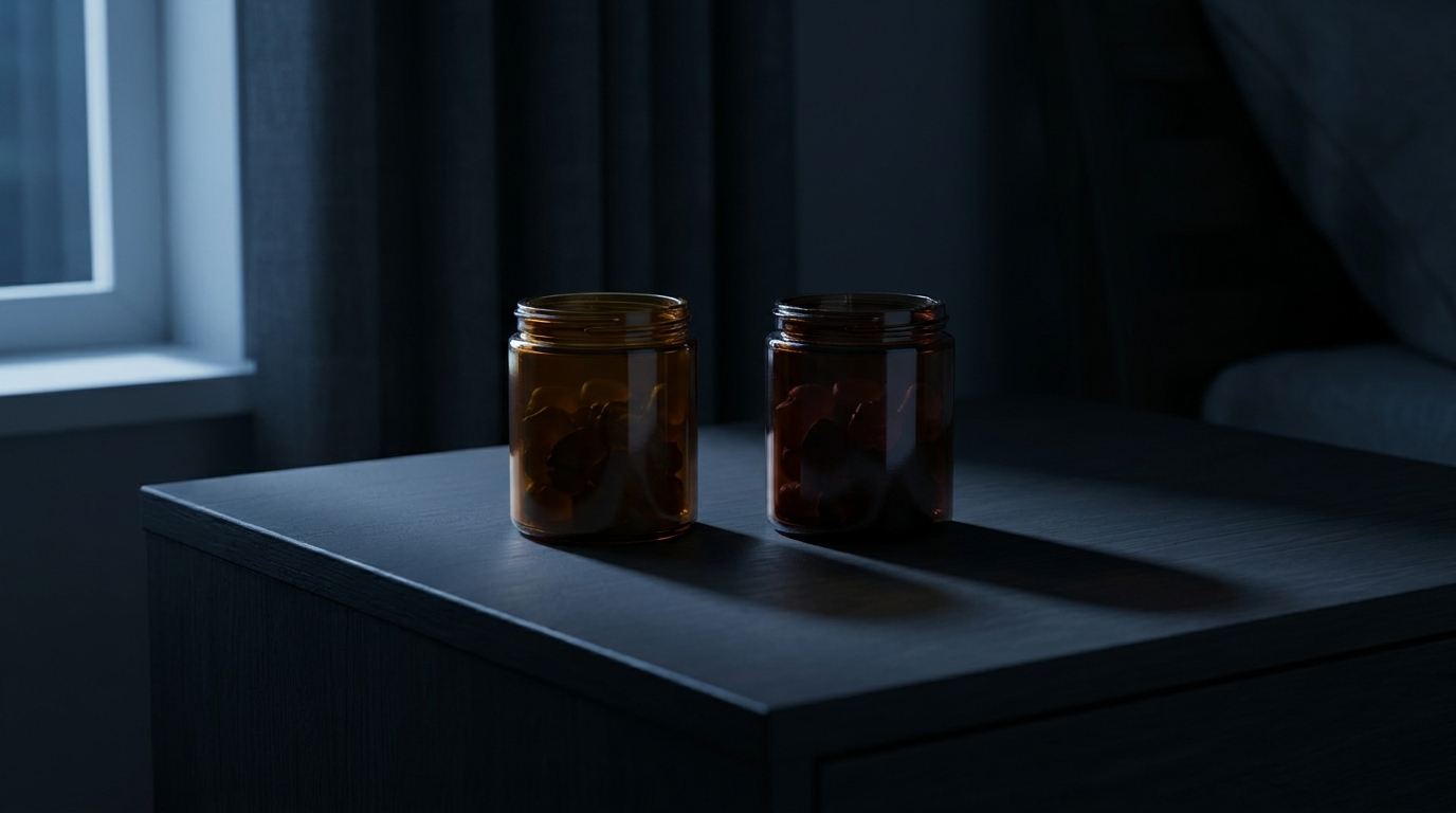 CBN vs CBD for sleep — two amber jars of sleep gummies facing off on a dark nightstand in moonlight