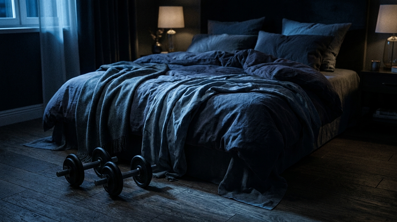 Dumbbells beside a dark unmade bed at night, illustrating sleep and muscle recovery