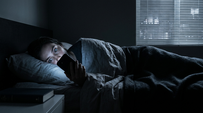 Person in a dark bedroom lit only by phone screen glow — blue light and sleep don't mix