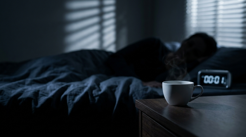 Coffee cup on a nightstand at midnight — caffeine half-life keeping you from sleep