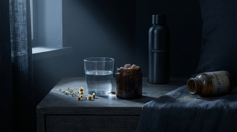 Natural sleep aids on a moonlit nightstand — gummies, chamomile, and magnesium in dark editorial lighting
