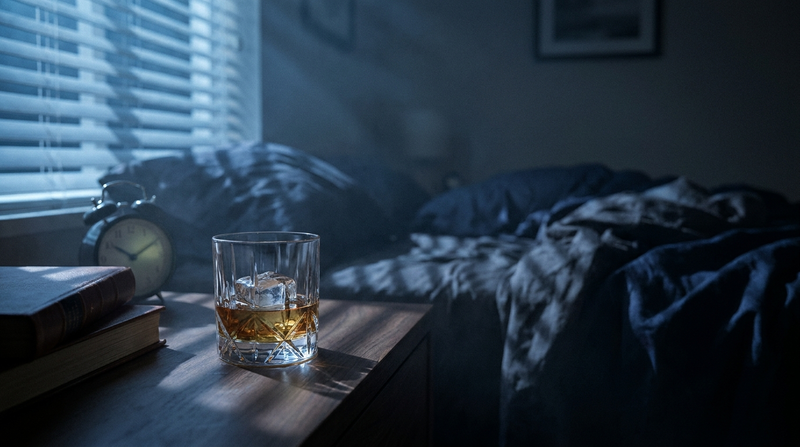 Whiskey glass on a nightstand in moonlight — alcohol and sleep, the nightcap myth