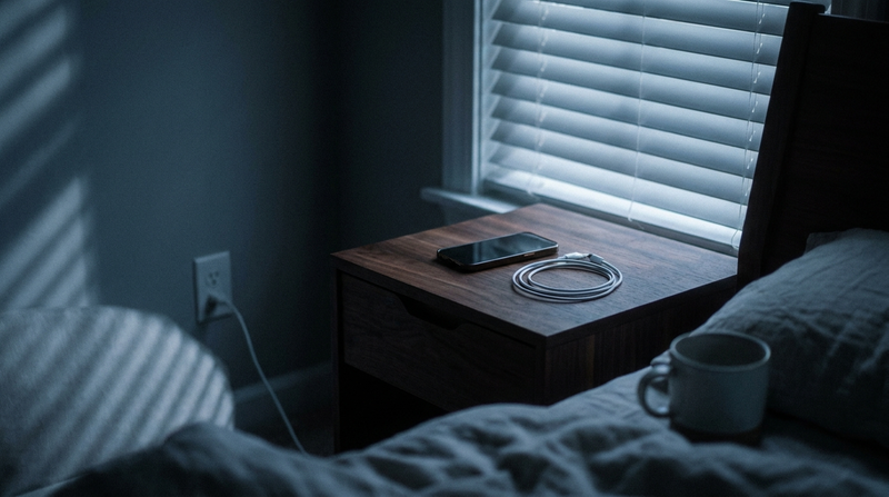 Smartphone on a nightstand at dawn with its charging cable unplugged — a metaphor for being tired after 8 hours of sleep