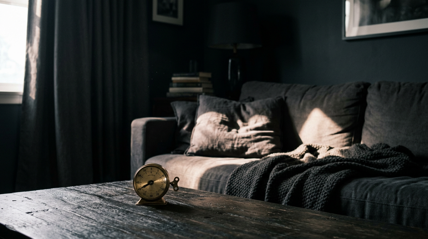 A blade of afternoon sunlight across a dim living room sofa with a kitchen timer on the table, illustrating whether napping ruins your sleep at night
