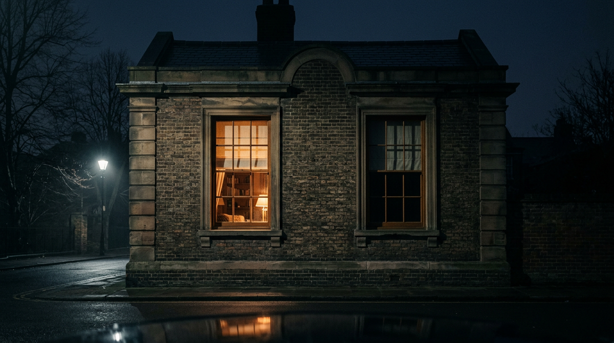 A brick townhouse at night with two upstairs windows side by side, one lit warm and one dark, illustrating a sleep divorce