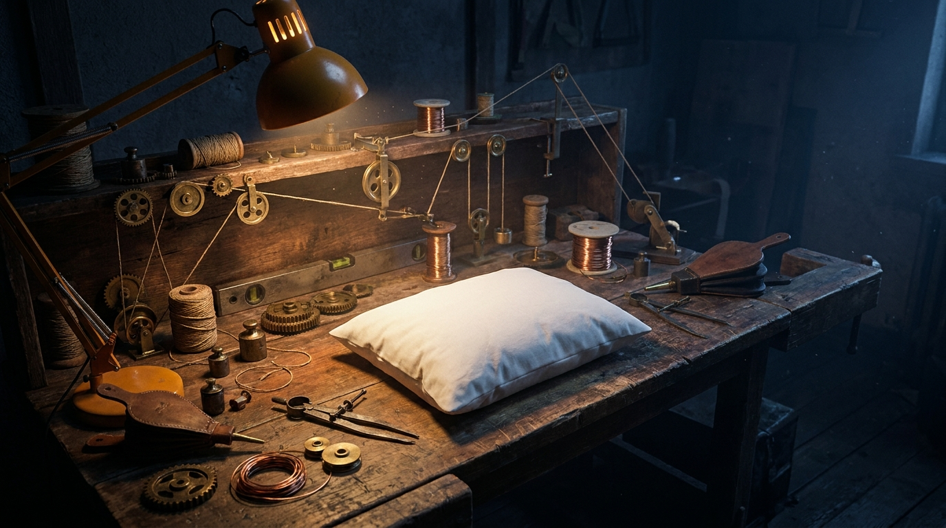 An over-engineered brass contraption rigged around a plain pillow on a dim workshop bench, illustrating sleepmaxxing overkill
