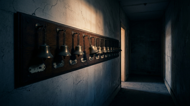 Antique brass servants bell board in a dark corridor at night, one bell still ringing, illustrating nicotine and sleep disruption