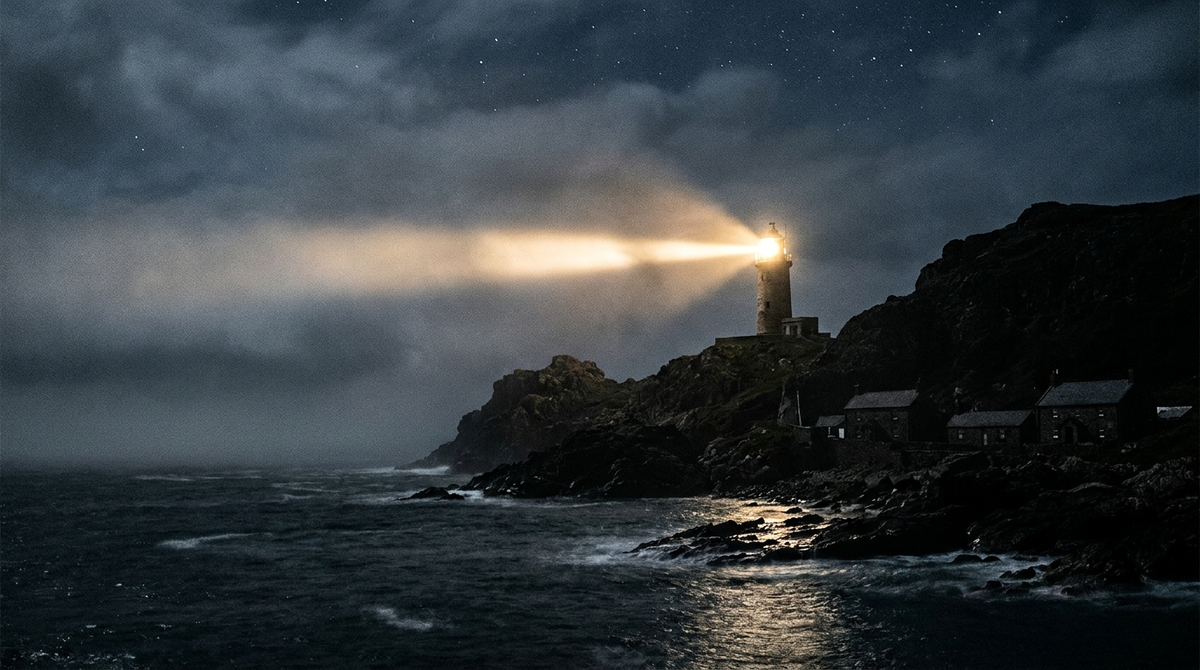 A lone lighthouse sweeping its beam across dark water at night while the village below sleeps, illustrating the first-night effect