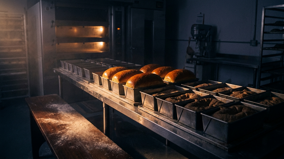 Dark bakery proofing room at night with one batch of dough risen full and another collapsed, illustrating whether weed helps you sleep