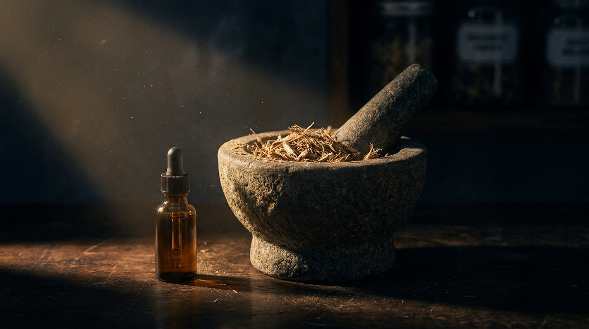 Editorial still life of an apothecary mortar and pestle beside a dropper bottle, symbolizing ashwagandha vs CBD for sleep