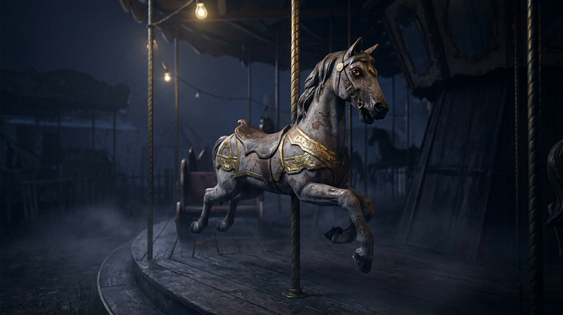 Antique carousel horse in an abandoned fairground at night, a dreamlike image for vivid dreams
