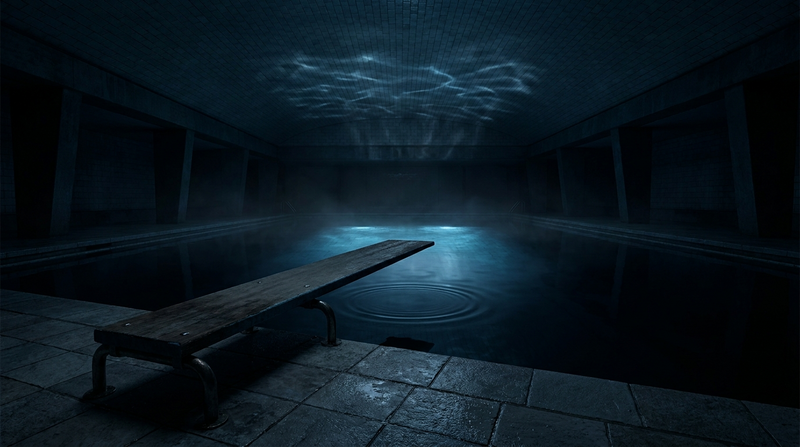 Empty diving board over a still, dark pool at night with a single ripple, representing hypnic jerks and the falling jolt at sleep onset