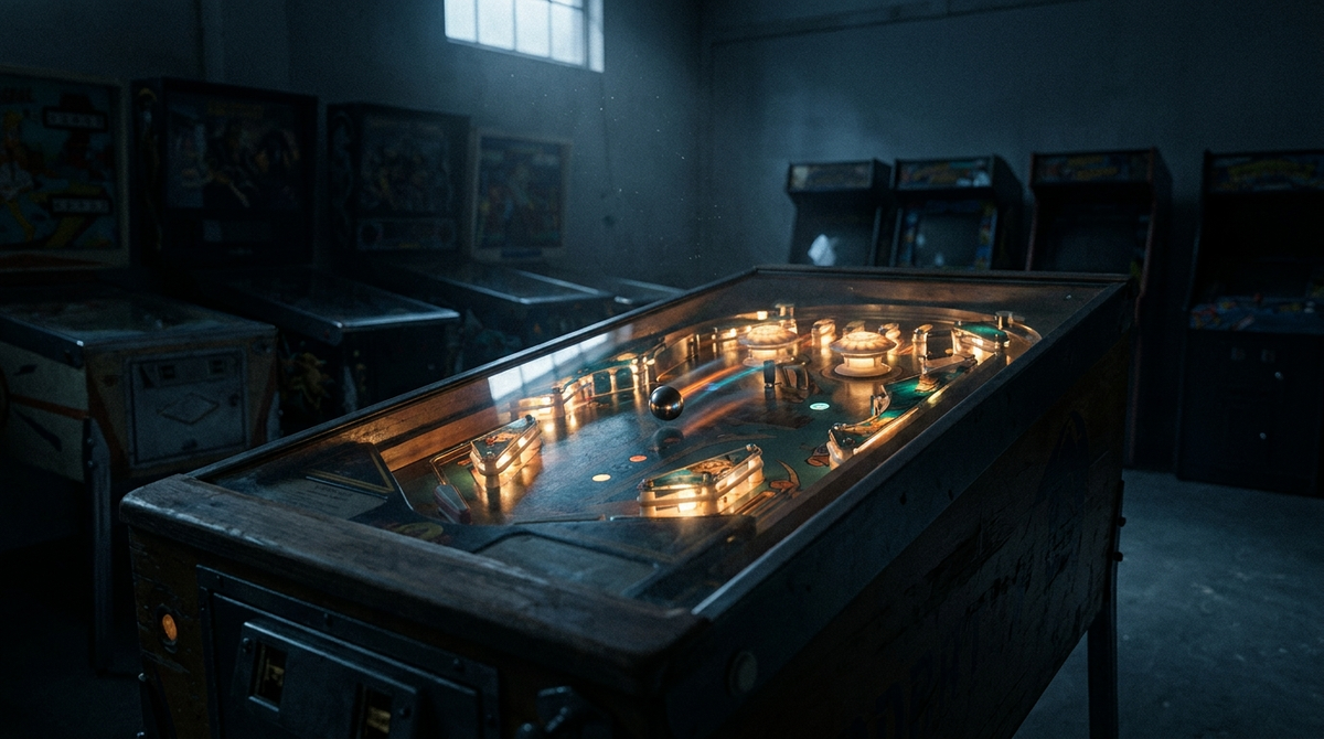 Vintage pinball machine glowing in a dark empty arcade, a metaphor for feeling tired but wired at night