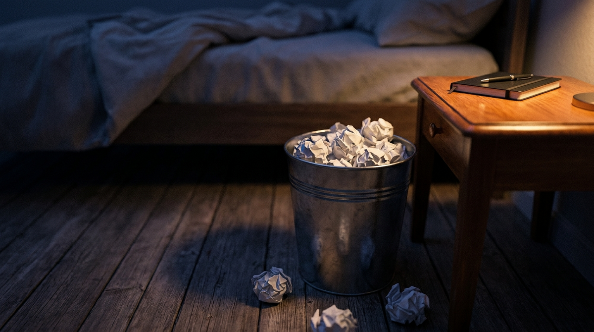 Overflowing wastebasket of crumpled paper beside a nightstand with a closed notebook and pen, illustrating journaling before bed