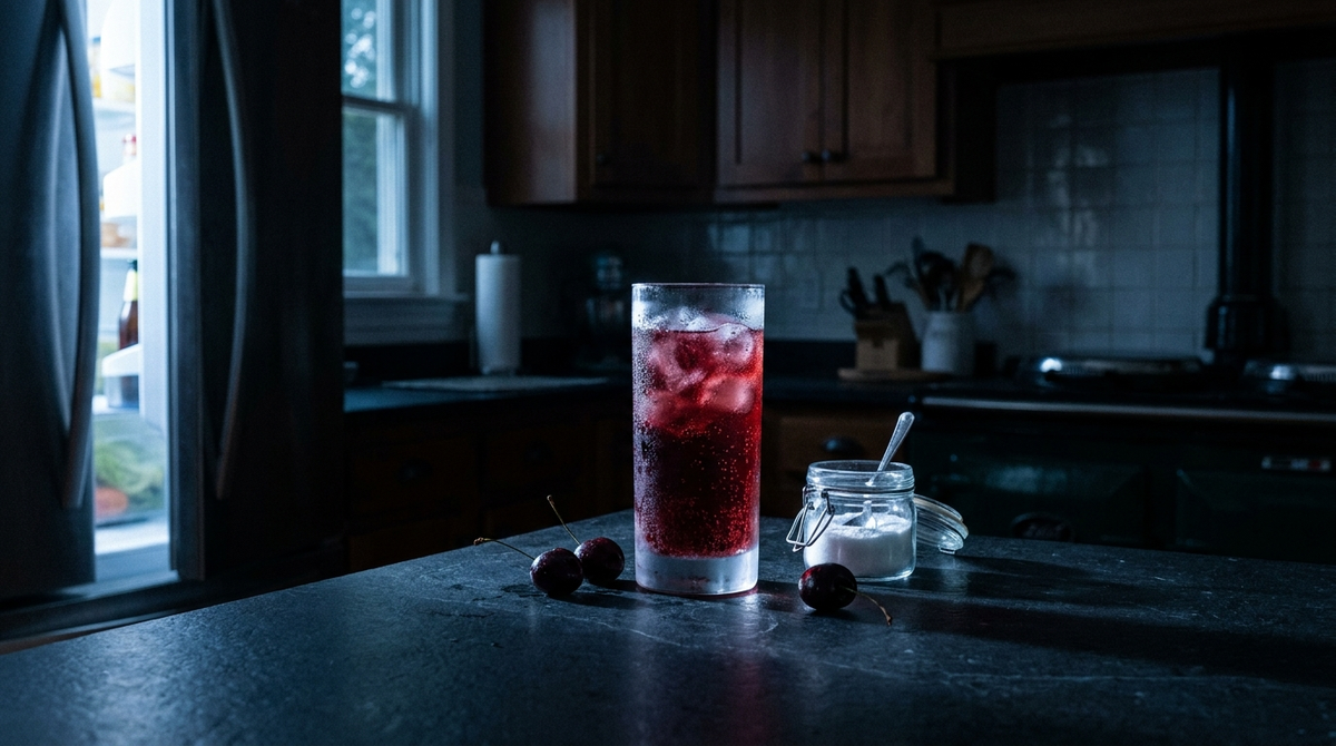 Ruby-red sleepy girl mocktail glass on a dark kitchen counter in the glow of an open fridge at midnight