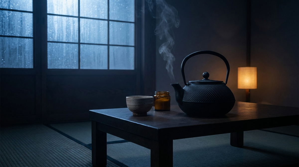 Cast-iron tea kettle steaming beside a tea bowl and amber jar at night, representing L-theanine for sleep