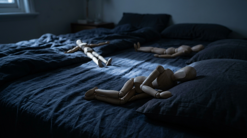 Three wooden artist mannequins testing the best sleeping position on a dark unmade bed at night