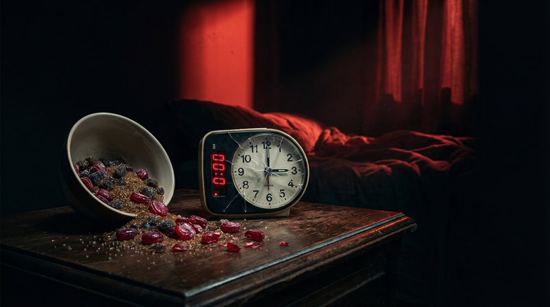 Sugary snacks on a nightstand in a dark bedroom — why sugar before bed ruins your sleep