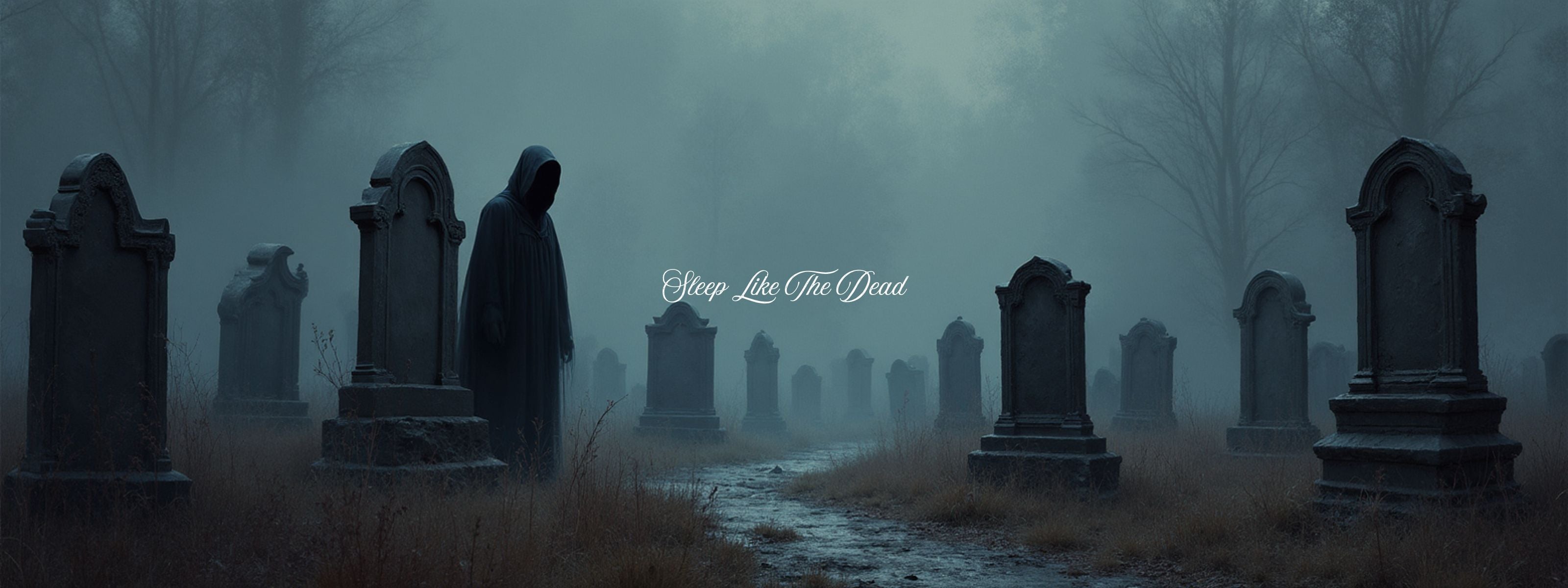 Dark, humorous image of graveyard with facetious tagline Sleep Like the Dead.