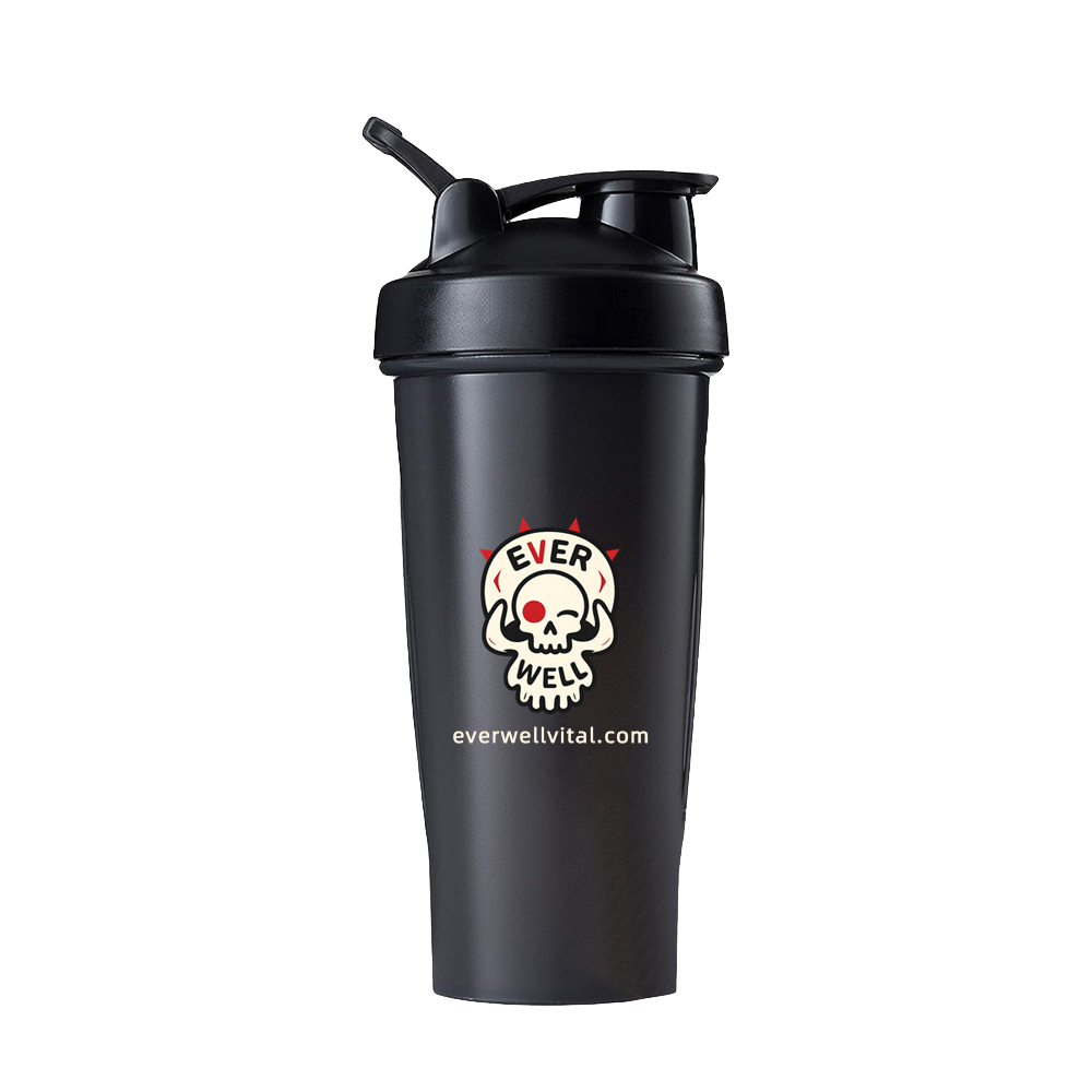 Everwell skull shaker bottle, black with flip cap, on white
