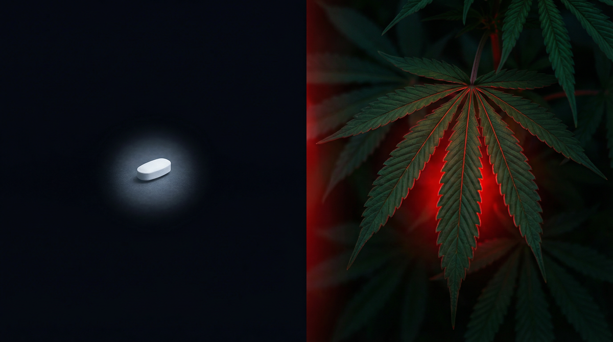 CBD gummies and a melatonin bottle facing off on a dark nightstand — CBD vs melatonin for sleep