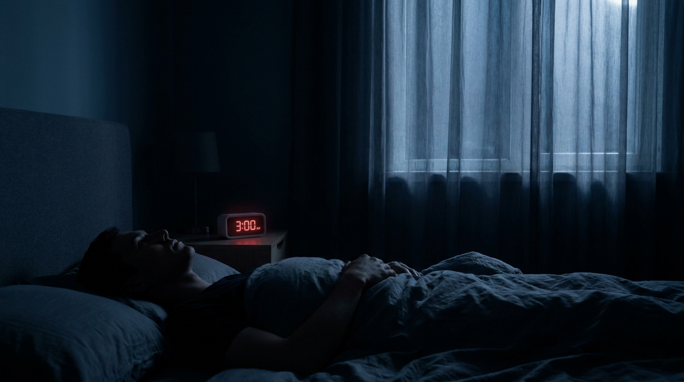 Bedside clock showing 3AM in a dark bedroom — why you wake up at 3am every night