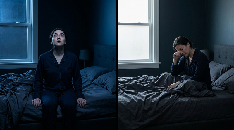 Person awake in bed at night and at dawn — sleep onset vs sleep maintenance insomnia
