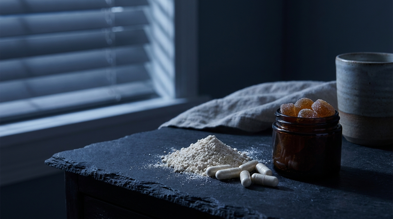 Magnesium powder and capsules facing off against CBD gummies on a dark nightstand — magnesium vs CBD for sleep