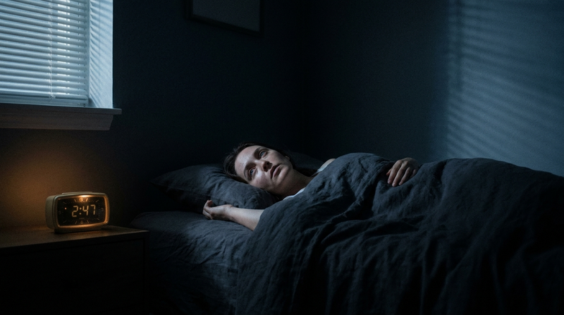 Person lying awake at night staring at the ceiling — cortisol and sleep don't mix when stress hormones spike after dark
