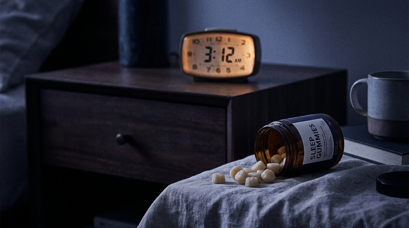Tipped-over supplement bottle spilling gummies on a nightstand at 3AM — melatonin tolerance concept