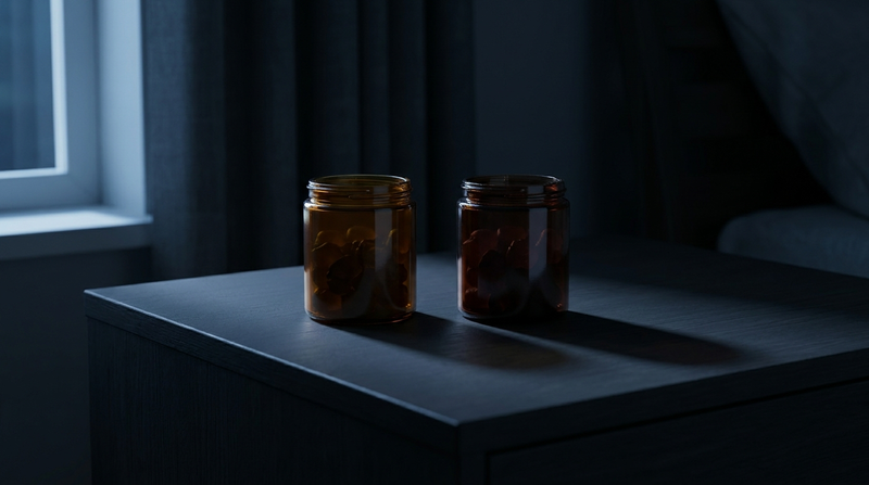 CBN vs CBD for sleep — two amber jars of sleep gummies facing off on a dark nightstand in moonlight