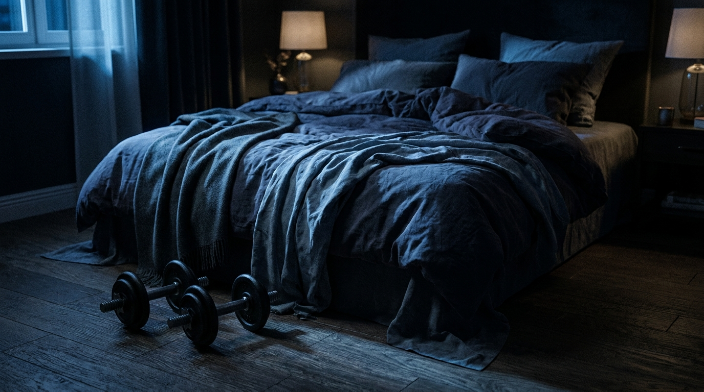 Dumbbells beside a dark unmade bed at night, illustrating sleep and muscle recovery