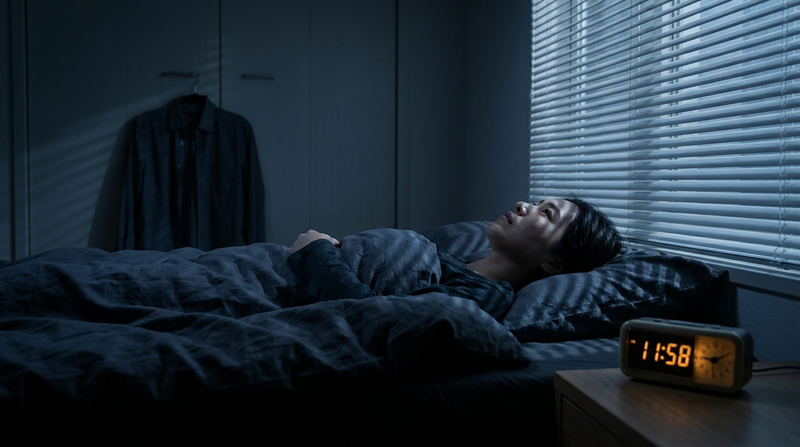 Person lying awake in a dark bedroom late on Sunday night, alarm clock glowing — the Sunday scaries sleep struggle