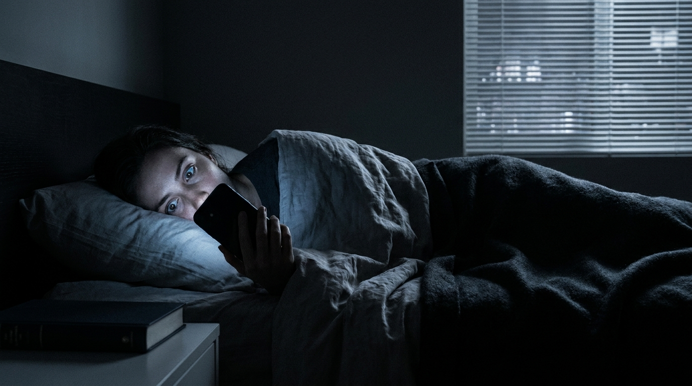 Person in a dark bedroom lit only by phone screen glow — blue light and sleep don't mix
