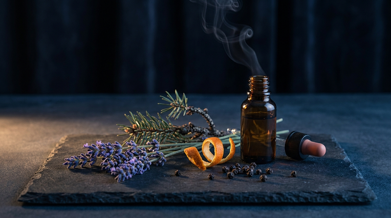 Lavender sprigs, pine, citrus peel, and an amber dropper bottle on dark slate — terpenes for sleep