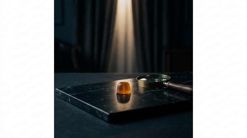 A single amber CBD gummy under a magnifying glass on dark marble, illustrating trace THC in CBD gummies and lab testing