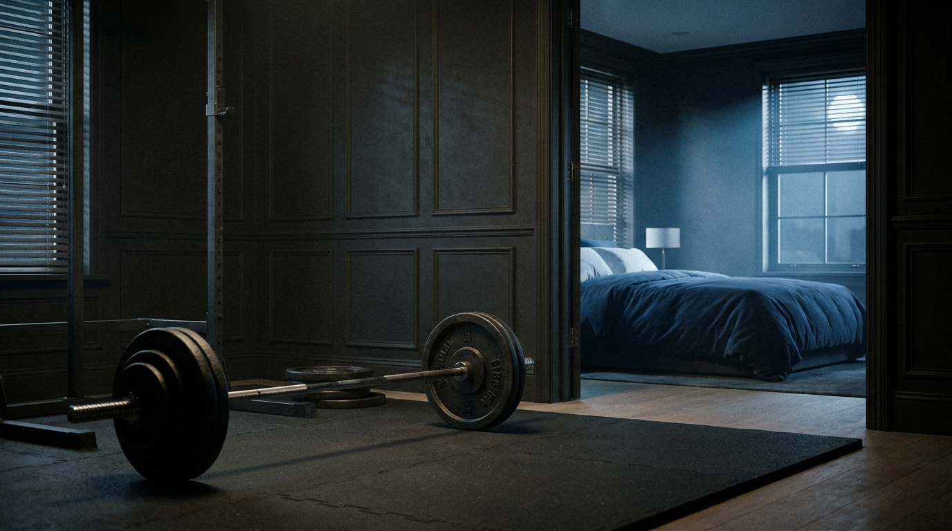 Barbell resting in a dark home gym at night with a moonlit bed visible through a doorway — CBD for athletes and overnight muscle recovery
