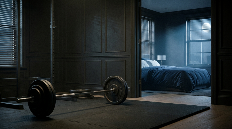 Barbell resting in a dark home gym at night with a moonlit bed visible through a doorway — CBD for athletes and overnight muscle recovery