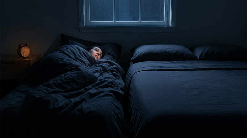 Person lying awake in bed at night, unable to fall asleep, lit by moonlight and a bedside clock