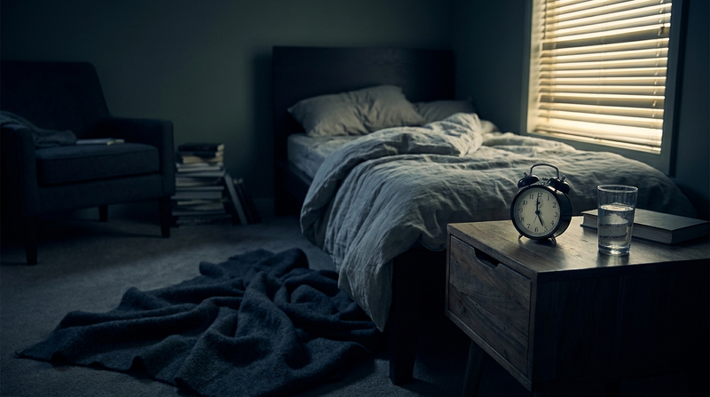 Dark moody bedroom at dawn with alarm clock — melatonin grogginess and the morning hangover effect