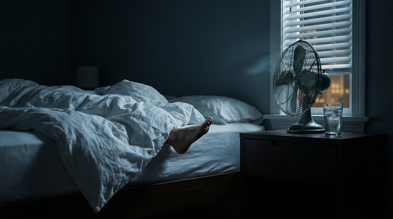 Dim bedroom on a hot summer night with an oscillating fan and rumpled sheets — how to sleep in the heat