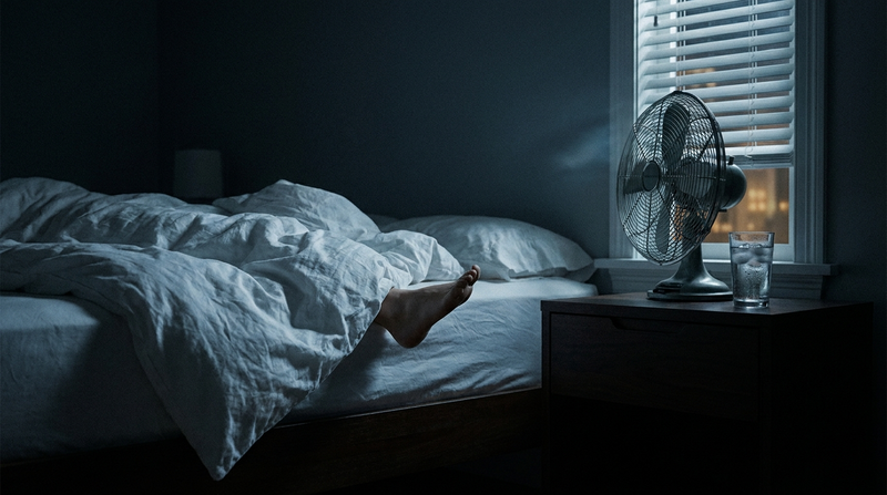 Dim bedroom on a hot summer night with an oscillating fan and rumpled sheets — how to sleep in the heat