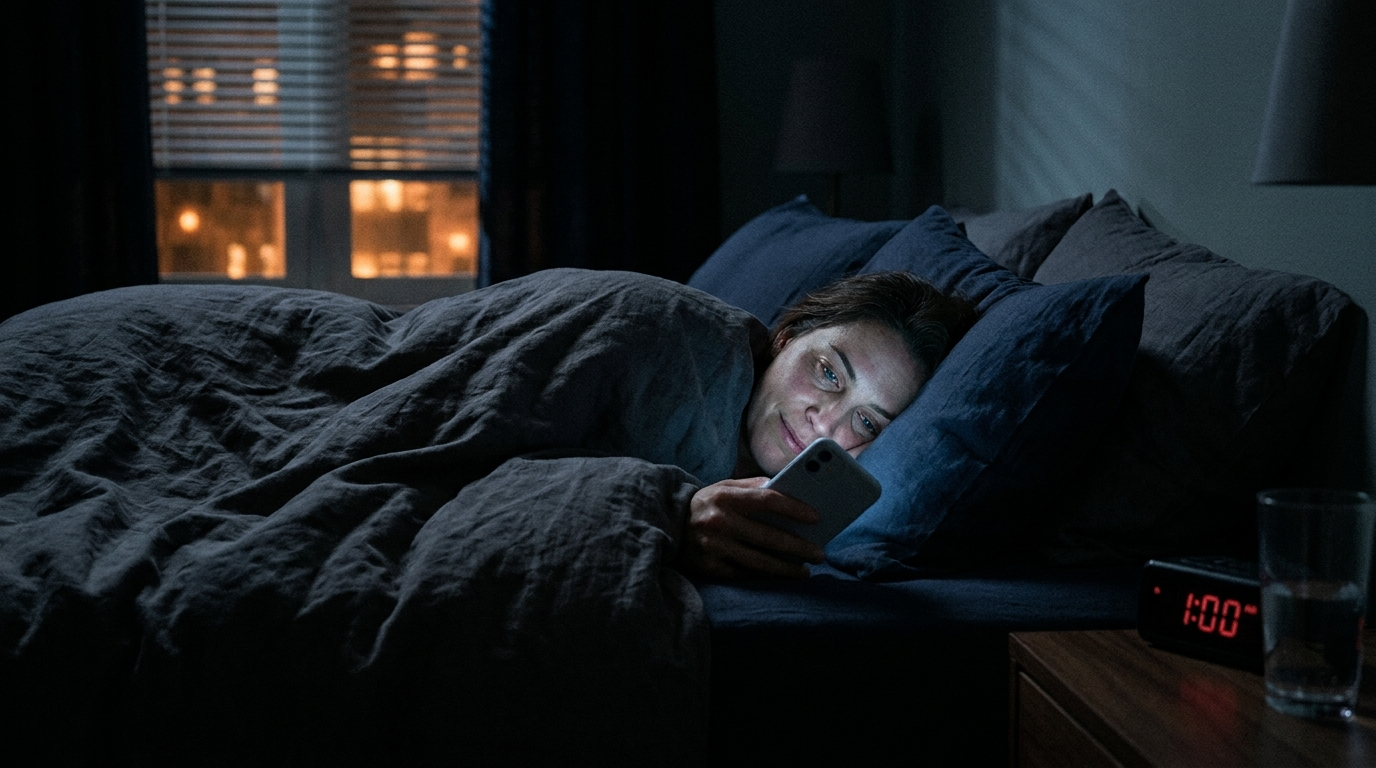 Person lying in bed at night, face lit only by phone screen glow — revenge bedtime procrastination